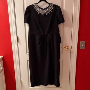 Chic Black Midi Dress with Crystal Neckline